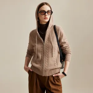 100% Wool Cozy Cable Knit Zip-Up Cardigan Hoodie