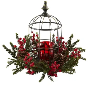 15" Artificial Pine Berry Birdhouse With Hangable Candelabrum - Low Maintenance, Life-Like & Vibrant Silk Flowers For Busy People.