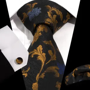 3Pcs Men's Black & Gold Leaves Blue Flower Necktie Set