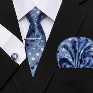 4Pcs LightBlue Men's Whimsy Polka Dots Necktie Set