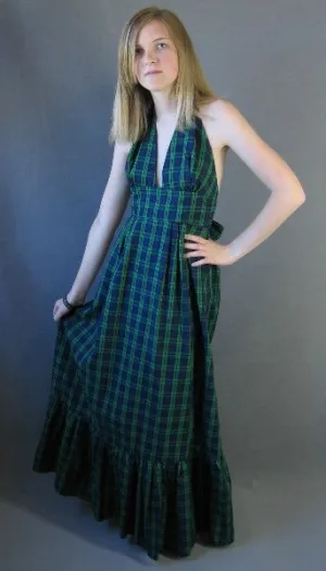 70s Vintage Halter Neck Maxi Sun Dress Preppy Ruffled Tartan Plaid Boho VFG