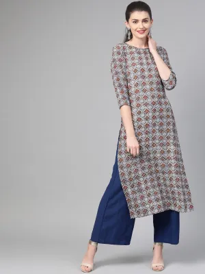 Adults-Women Grey & Maroon Cotton Straight Geometric Printed Kurta