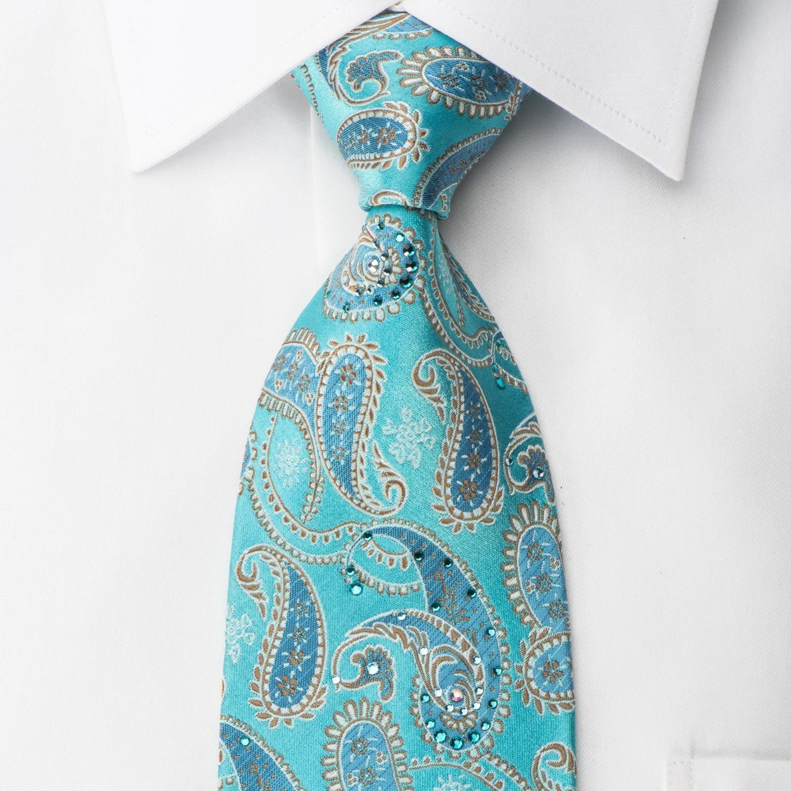 Anouazzi Homme Silk Necktie Paisley On Turquoise Blue Sparkling With Rhinestones