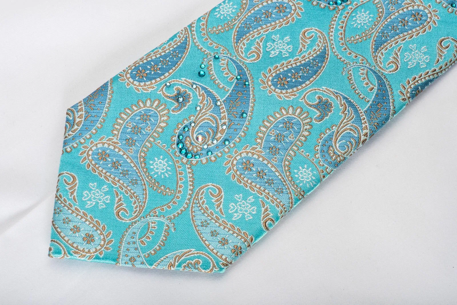 Anouazzi Homme Silk Necktie Paisley On Turquoise Blue Sparkling With Rhinestones