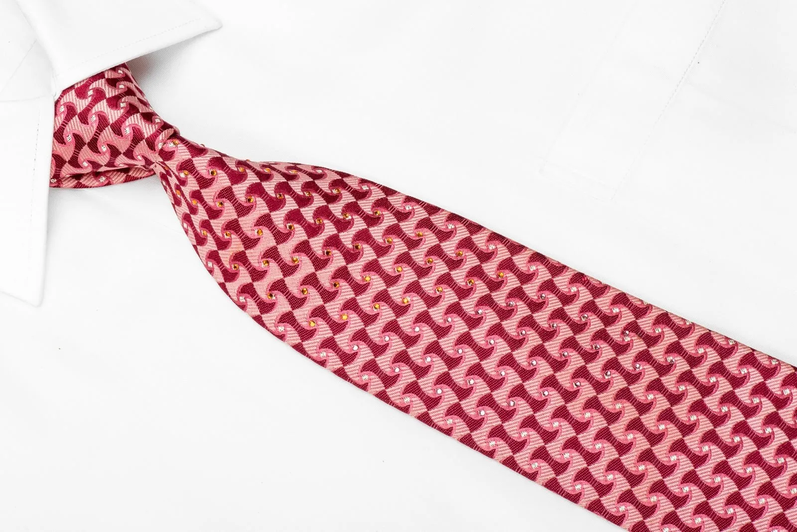 Benny Ong Men's Crystal Silk Necktie Geometric On Red With Silver Sparkles