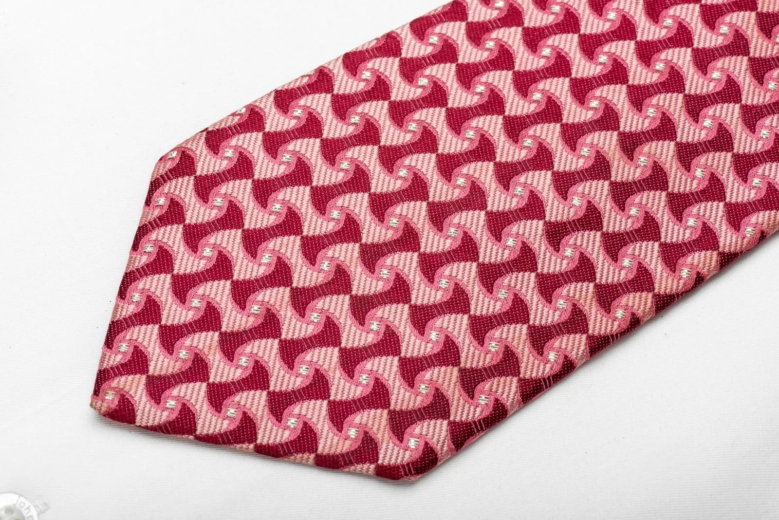 Benny Ong Men's Crystal Silk Necktie Geometric On Red With Silver Sparkles