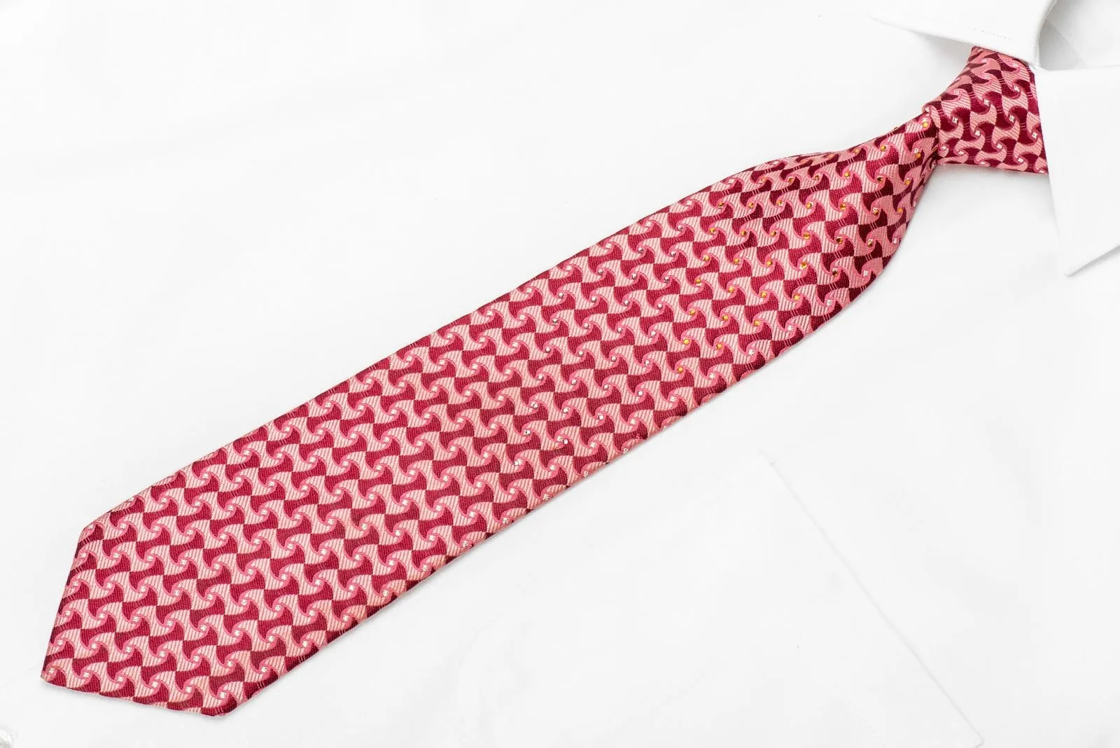 Benny Ong Men's Crystal Silk Necktie Geometric On Red With Silver Sparkles