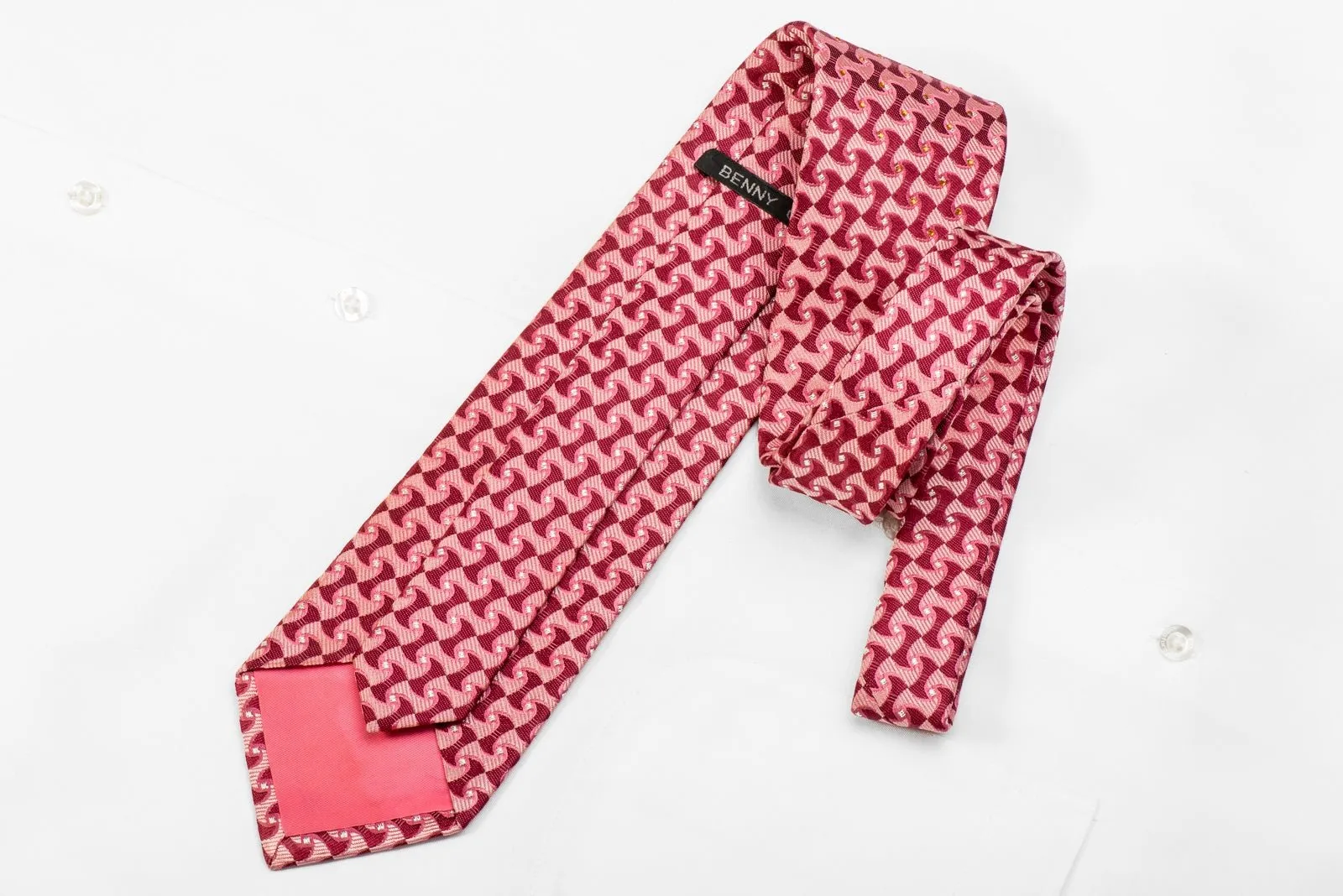 Benny Ong Men's Crystal Silk Necktie Geometric On Red With Silver Sparkles