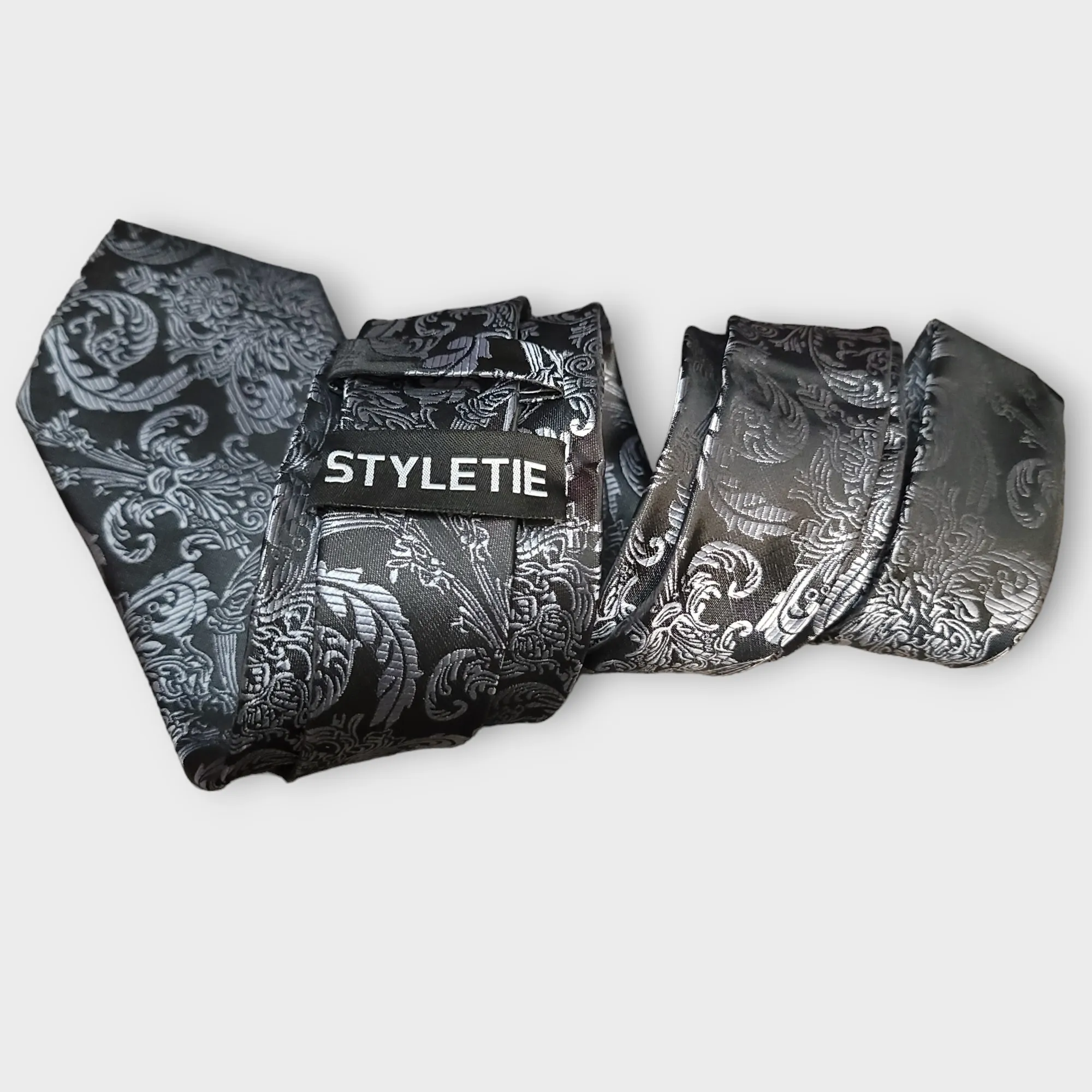 Black & Dim Gray Silk Tie Pocket Square & Cufflinks Set