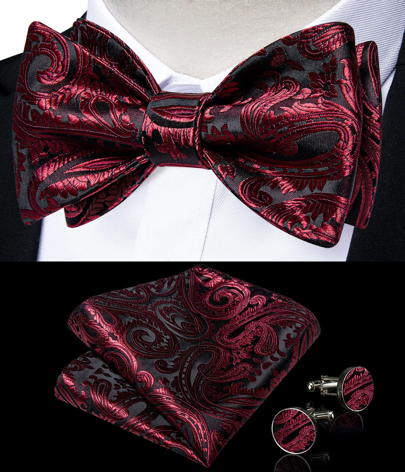 Black Claret Floral Self-Bowtie Pocket Square Cufflinks Set