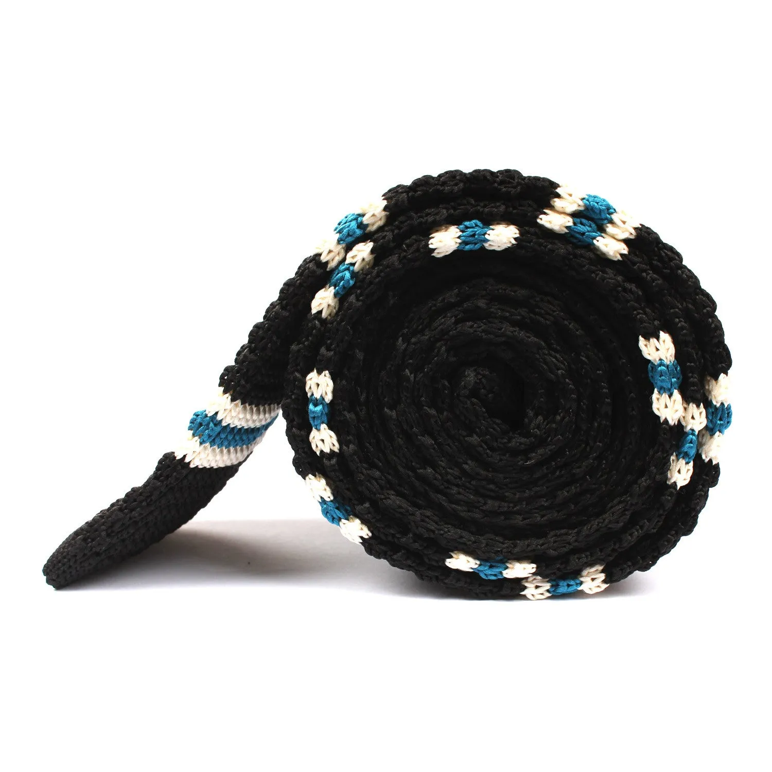 Black Knitted Tie with White & Blue Teal Stripes