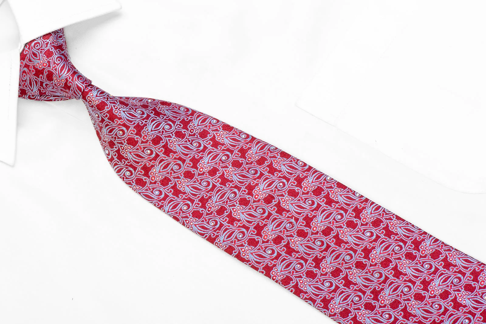 Blue Anthemion On Red Rhinestone Necktie With Silver Sparkles