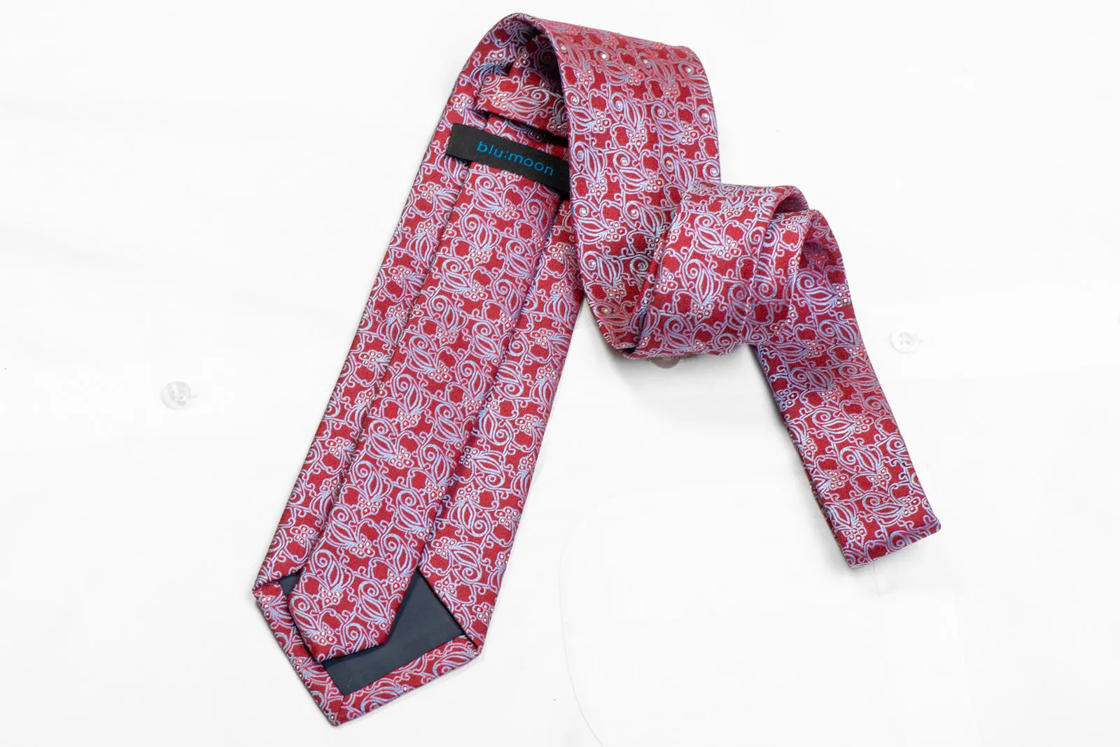 Blue Anthemion On Red Rhinestone Necktie With Silver Sparkles