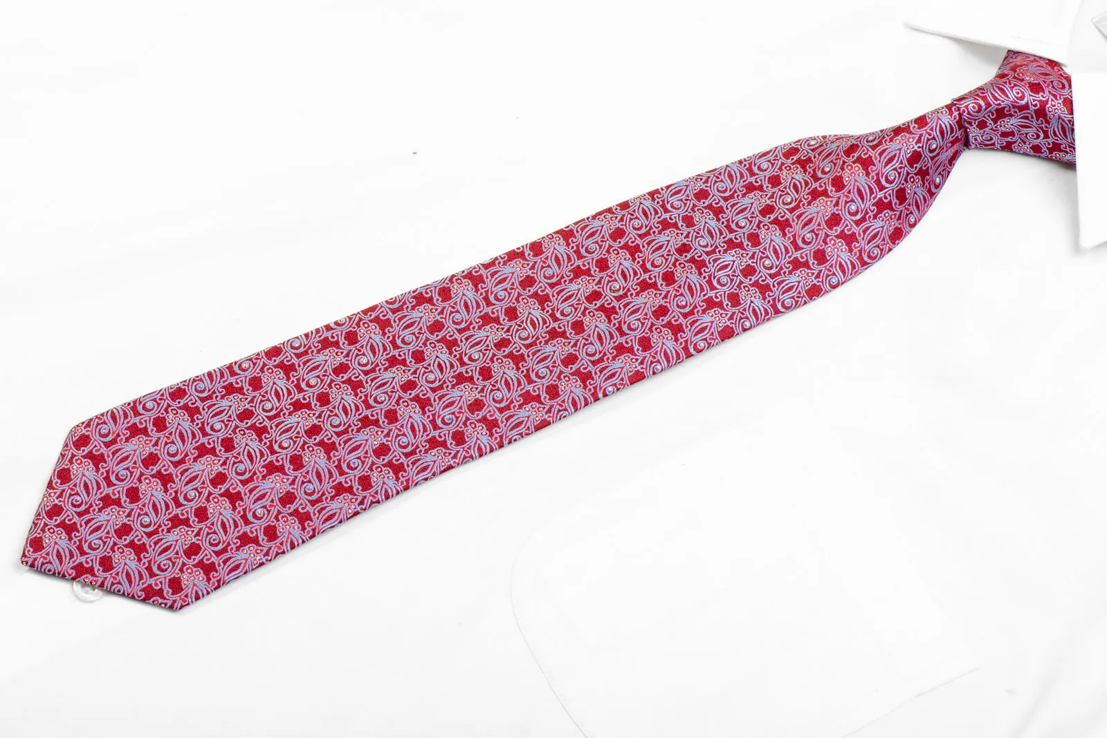 Blue Anthemion On Red Rhinestone Necktie With Silver Sparkles