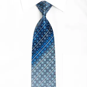 Blue Checkered & Silver Striped On Navy Blue Rhinestone Silk Tie With Sparkles