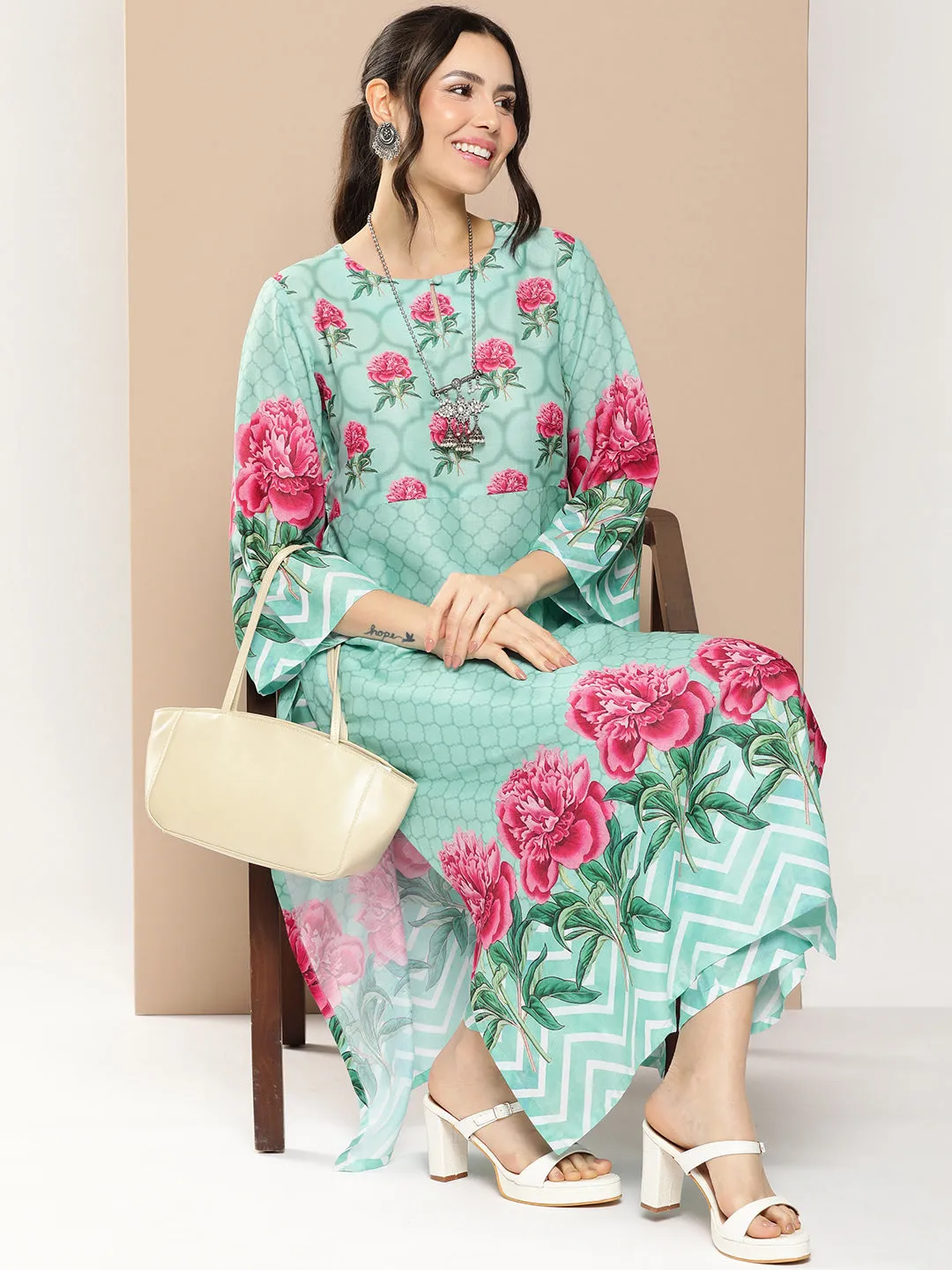 Blue Floral Printed A-Line Kurta With Palazzos