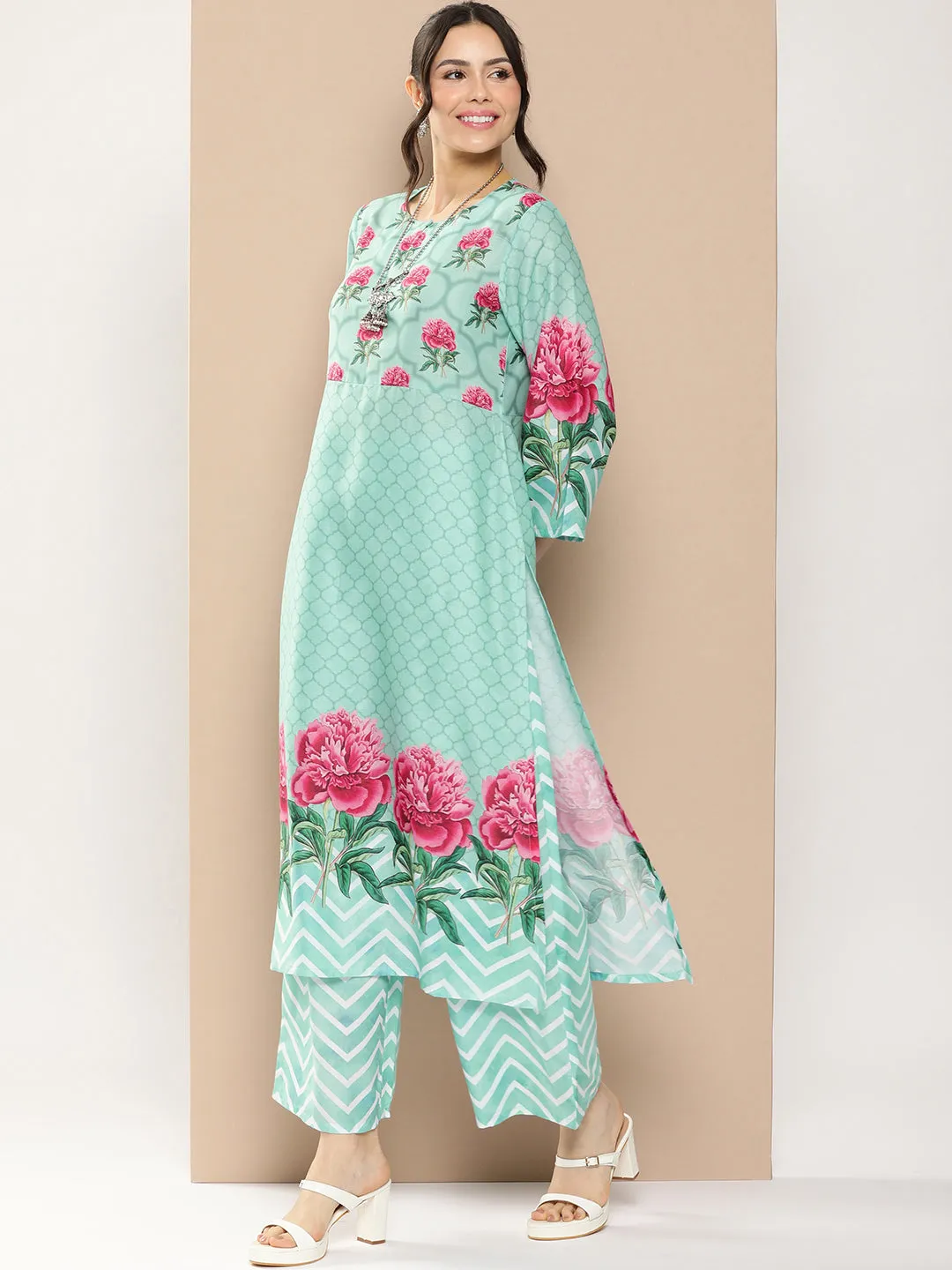 Blue Floral Printed A-Line Kurta With Palazzos