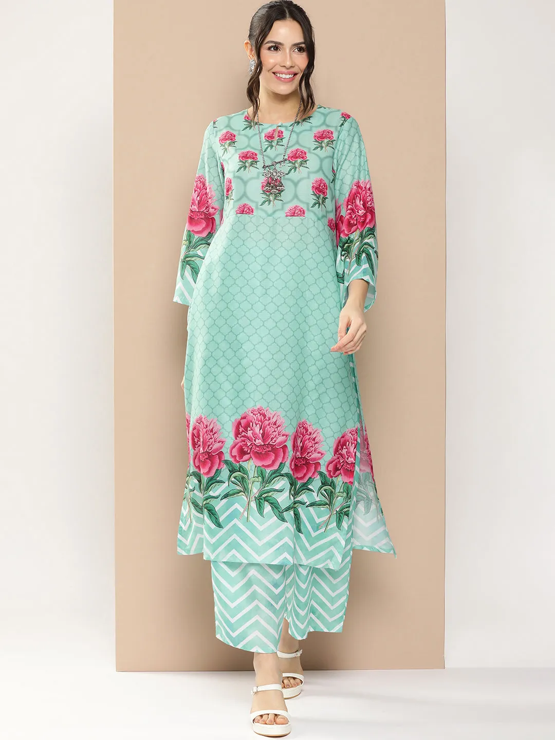 Blue Floral Printed A-Line Kurta With Palazzos