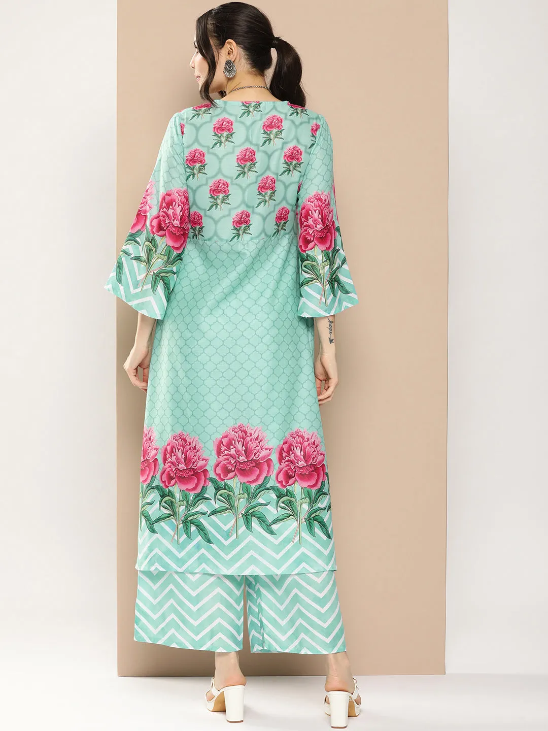 Blue Floral Printed A-Line Kurta With Palazzos