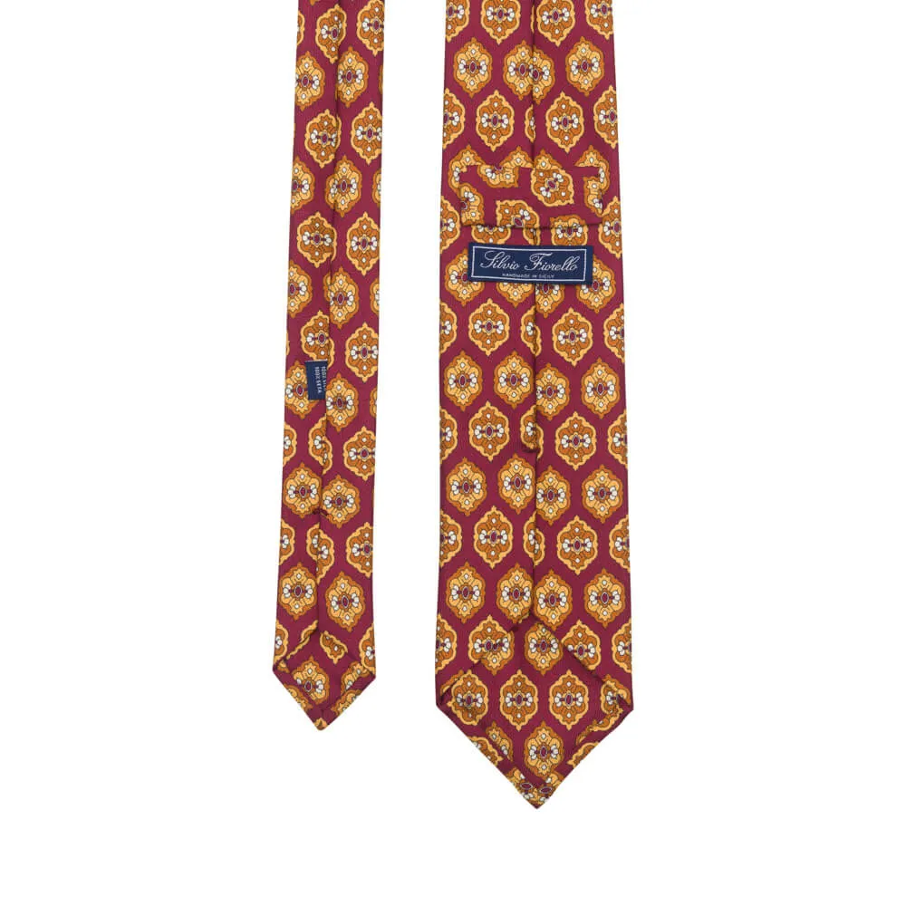 Burgundy Medallion Motif Twill Silk Tie