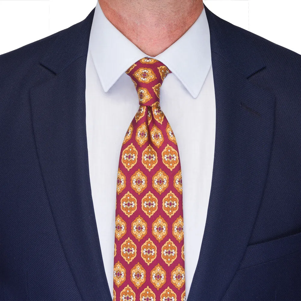 Burgundy Medallion Motif Twill Silk Tie