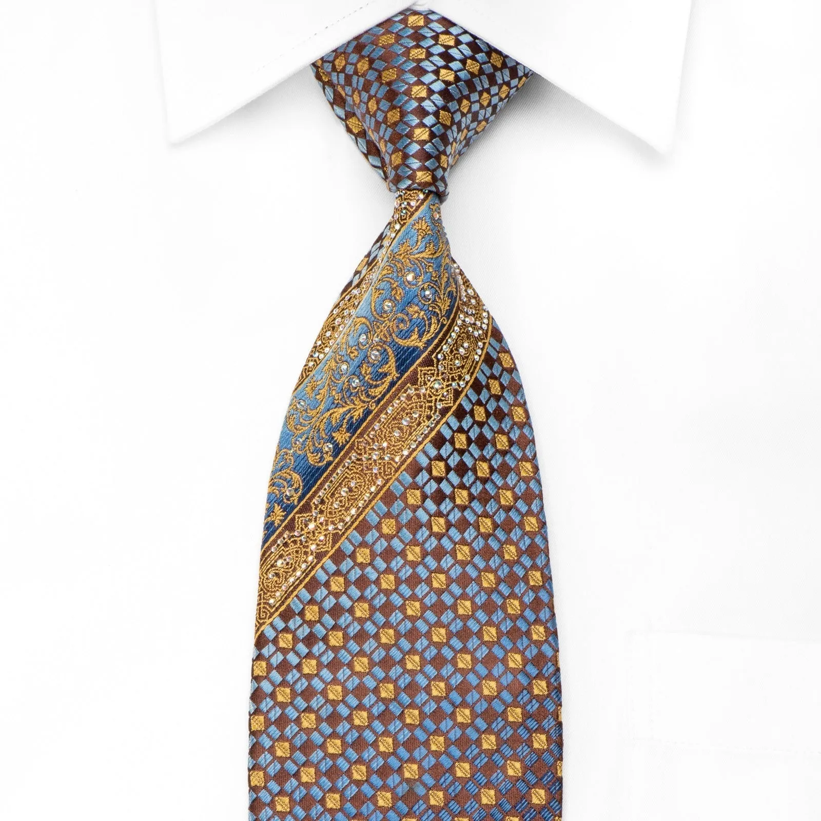 Cabrini Men's Crystal Silk Necktie Gold Blue Cartouche Checker On Brown With Gold Sparkles