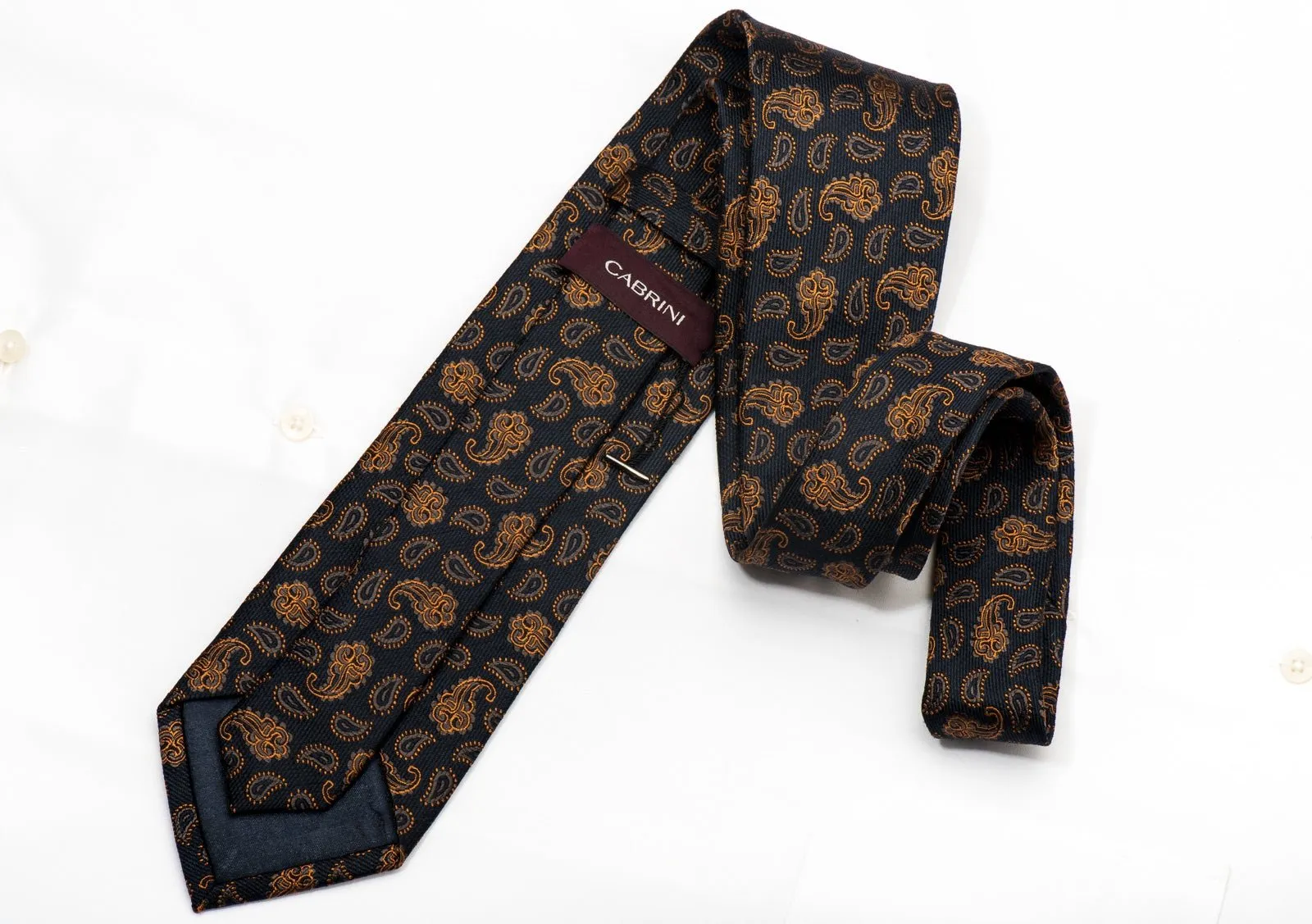 Cabrini Men's Silk Necktie Orange Floral On Navy Sparkling With Rhinestones