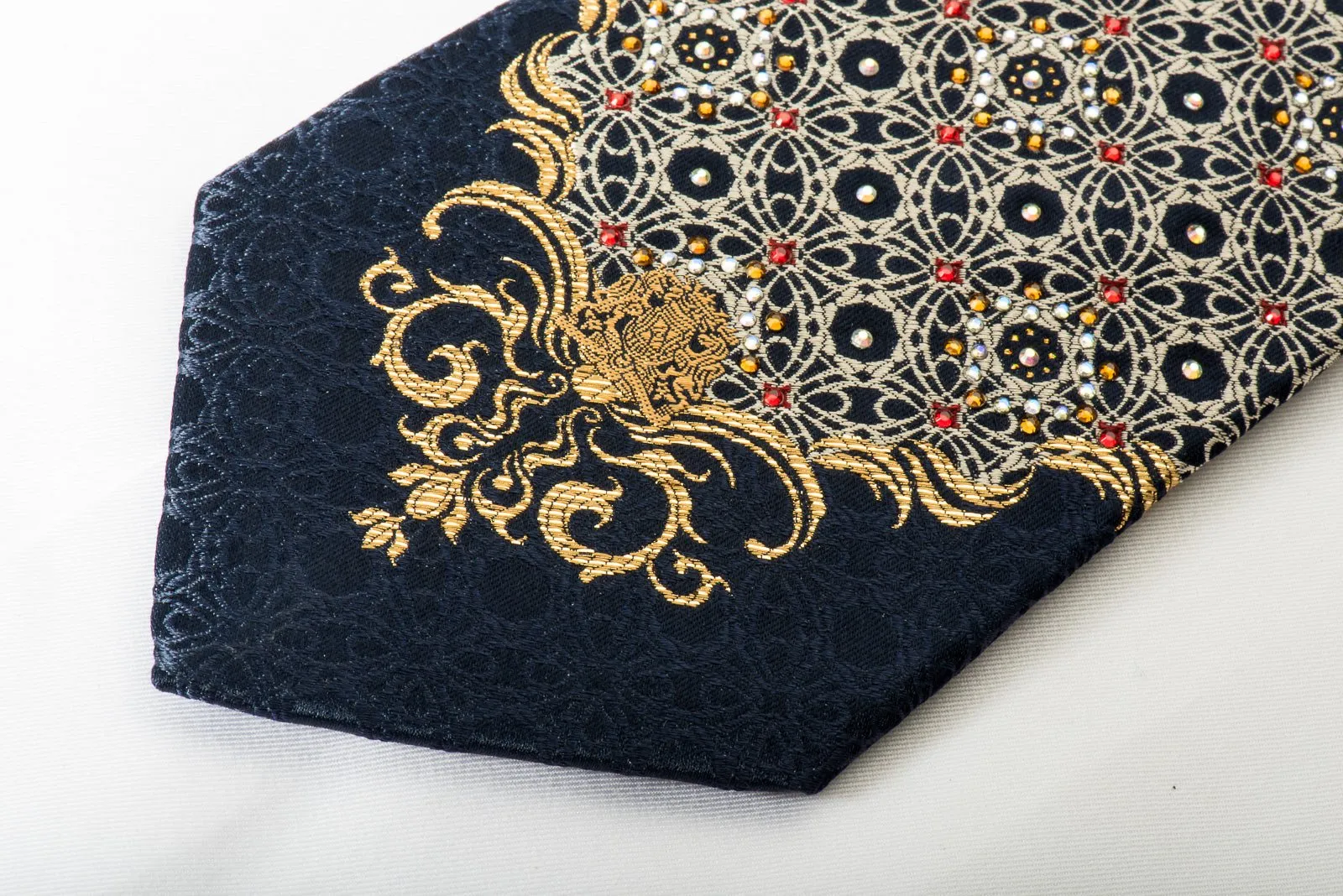 Cabrini Silk Tie Silver Arabesque On Navy With Rhinestones & Gold Sparkles