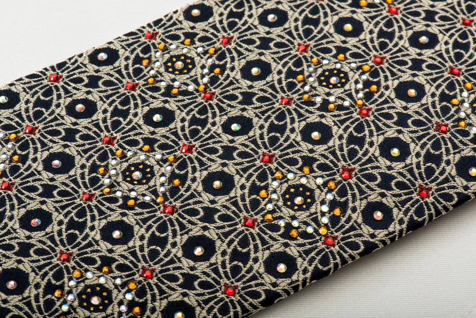 Cabrini Silk Tie Silver Arabesque On Navy With Rhinestones & Gold Sparkles