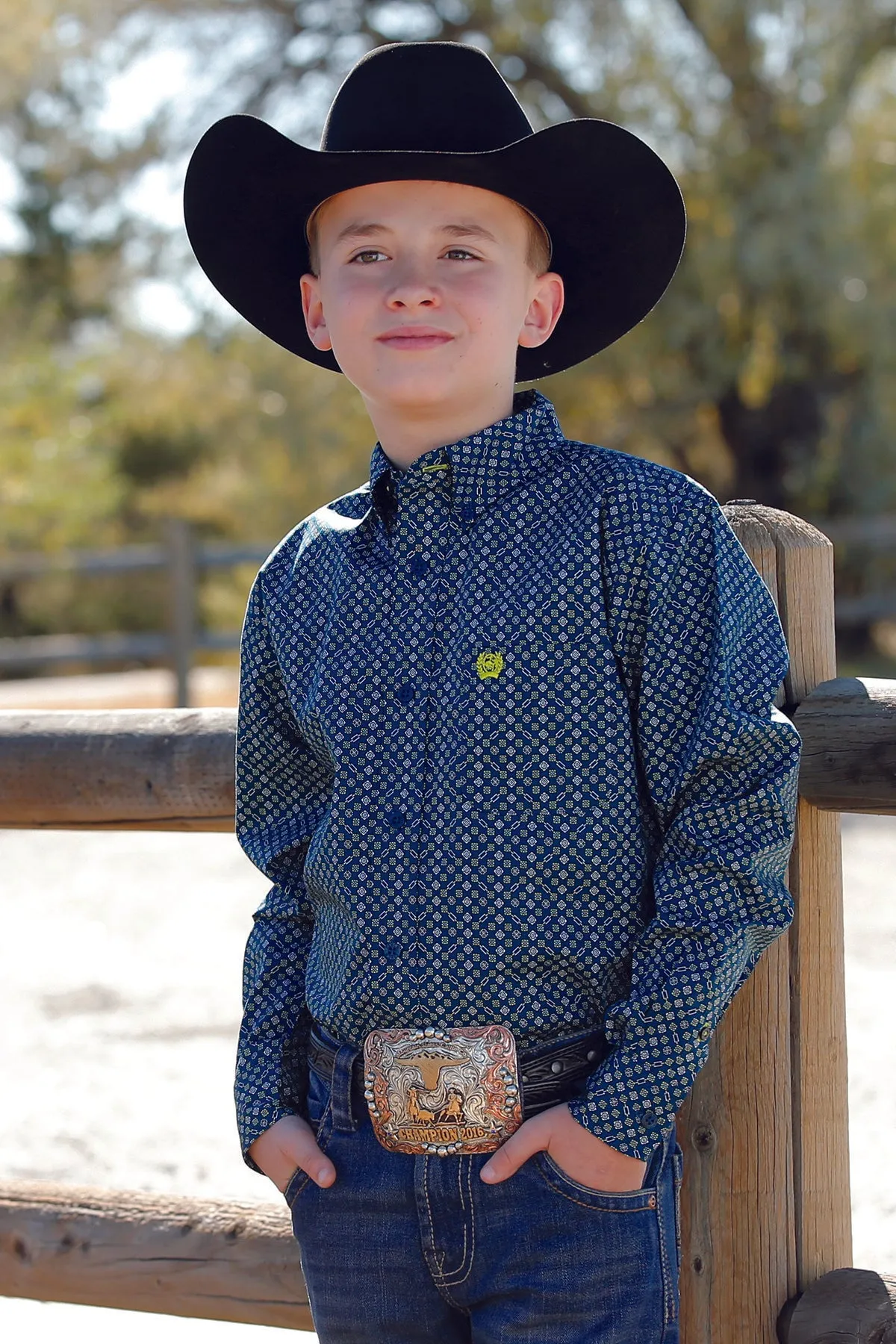 Cinch Boys Navy, Lime and Light Blue Geometric Print L/S Shirt