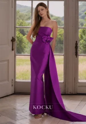 Classic & Simple Strapless Sheath Satin Cocktail with Floral Embossed Mother of the Bride Dress