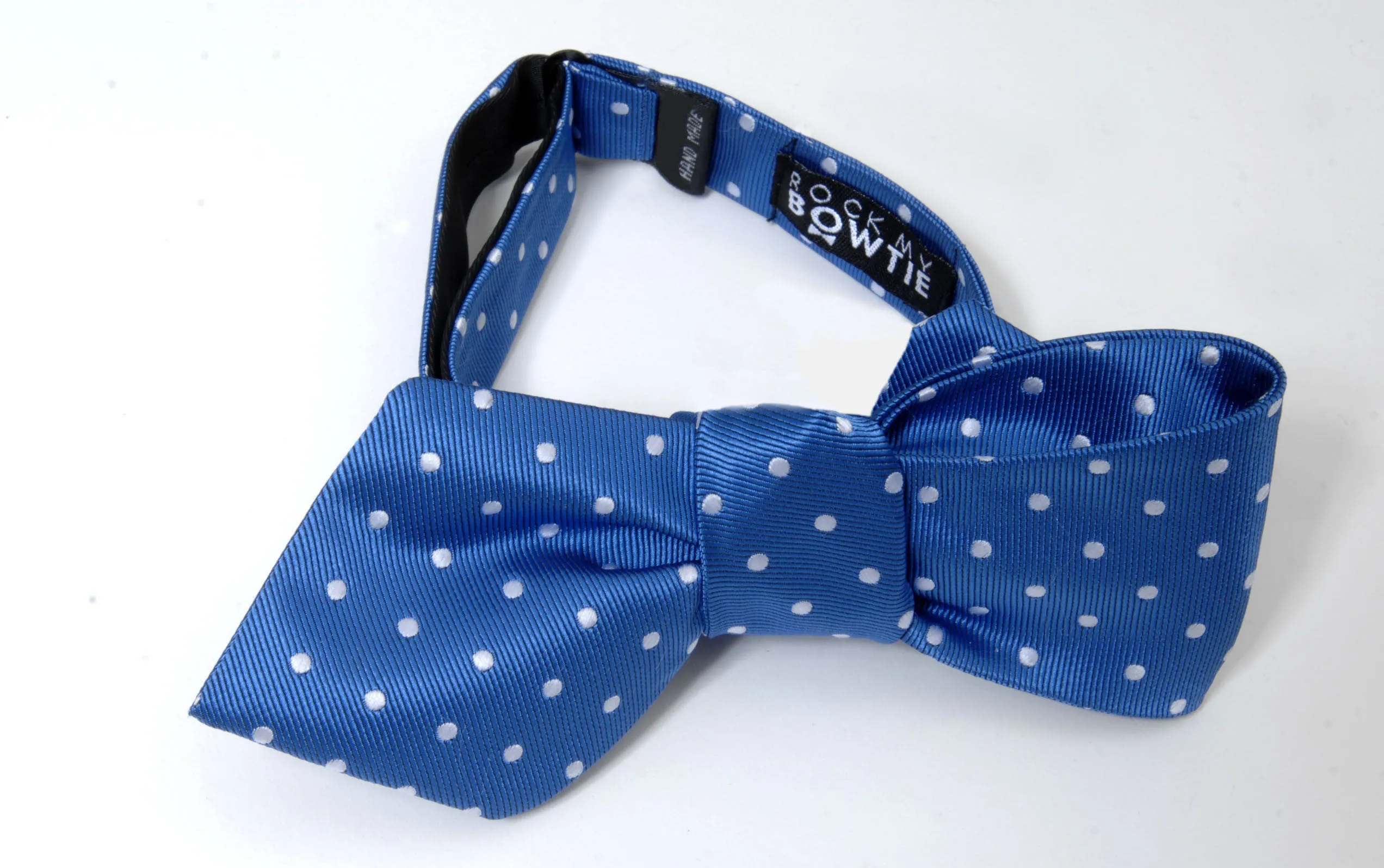 Classic "Dapper" Dot  - Azure Blue Bow Tie with White Dots. Diamond Tip