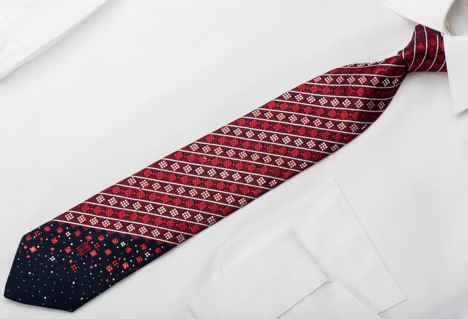 Daks Mens Rhinestone Silk Tie Red Checker Silver Striped On Navy With Sparkles