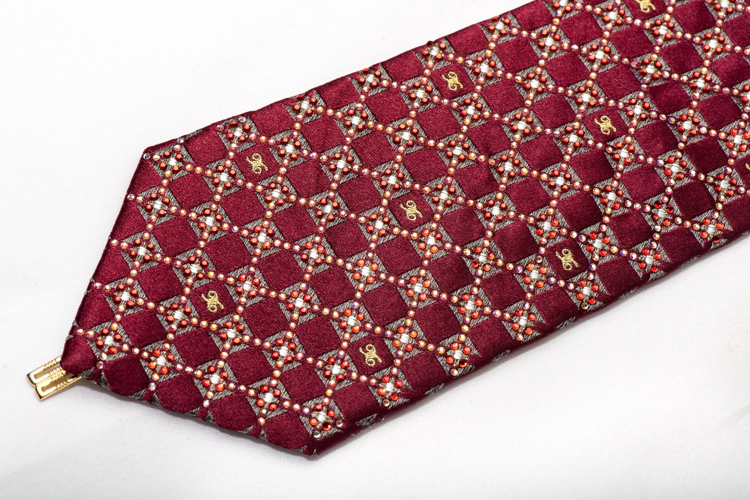 Daks Men's Silk Necktie Silver Burgundy Checkered Sparkling With Rhinestones