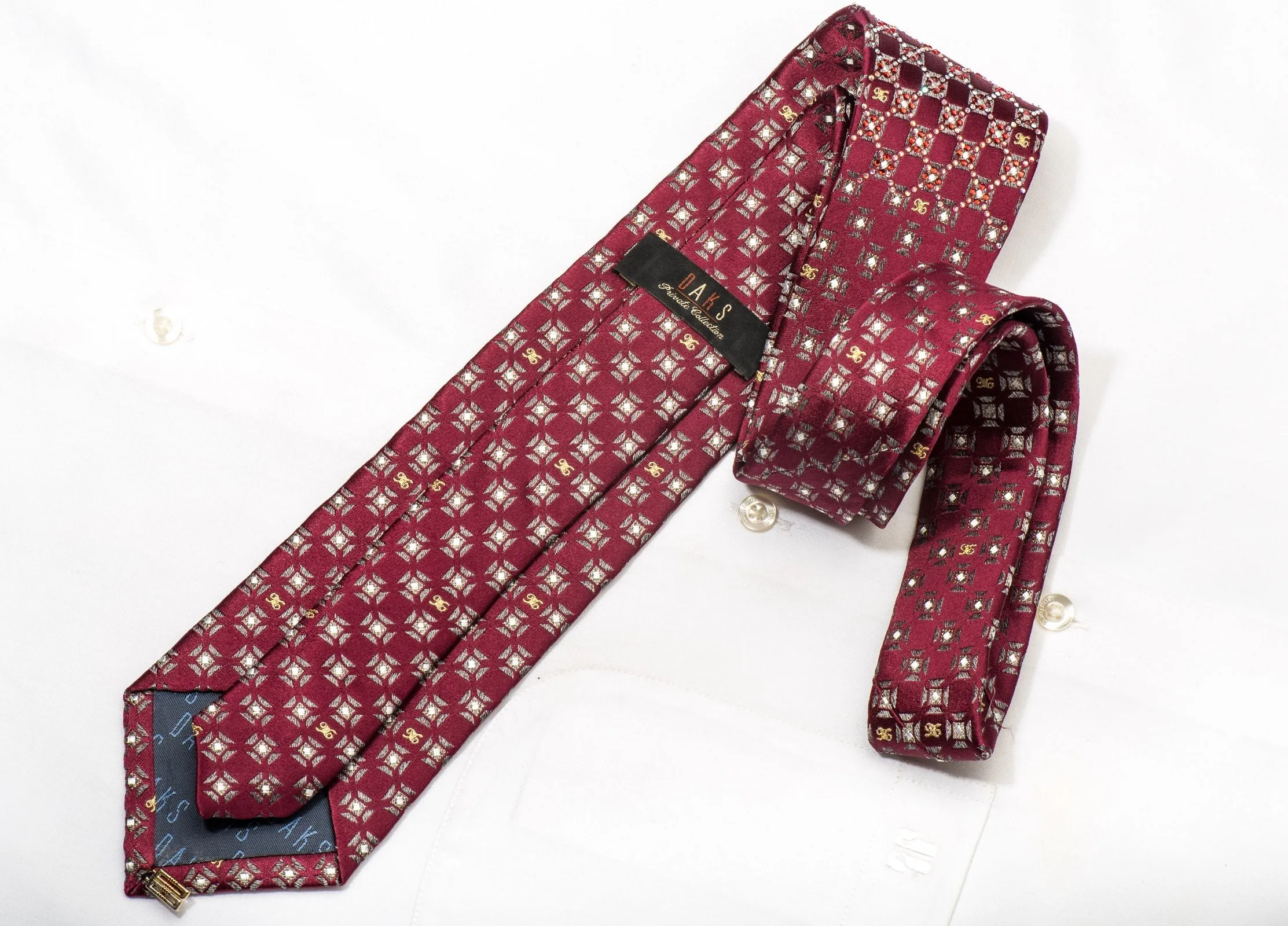 Daks Men's Silk Necktie Silver Burgundy Checkered Sparkling With Rhinestones