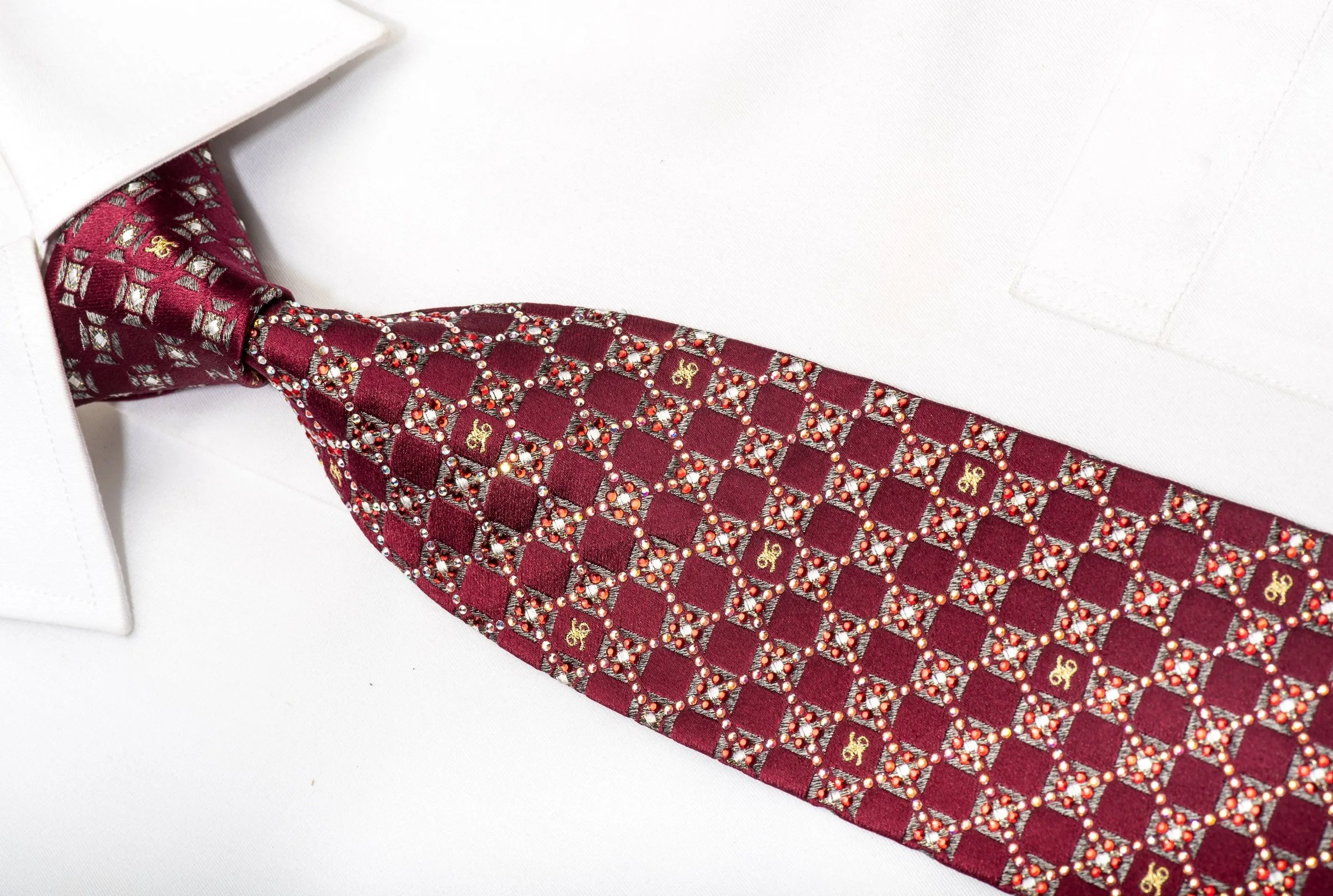 Daks Men's Silk Necktie Silver Burgundy Checkered Sparkling With Rhinestones