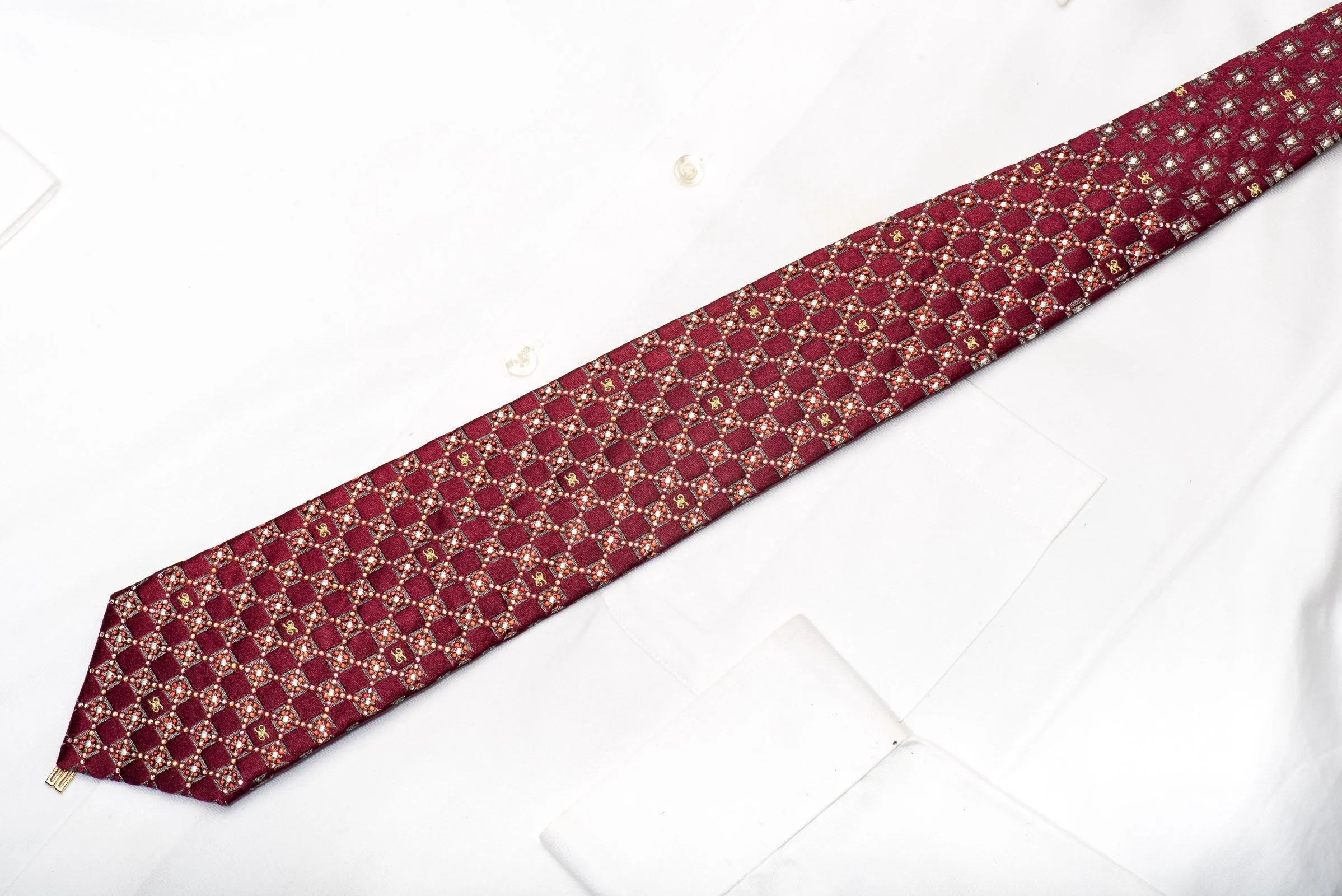 Daks Men's Silk Necktie Silver Burgundy Checkered Sparkling With Rhinestones