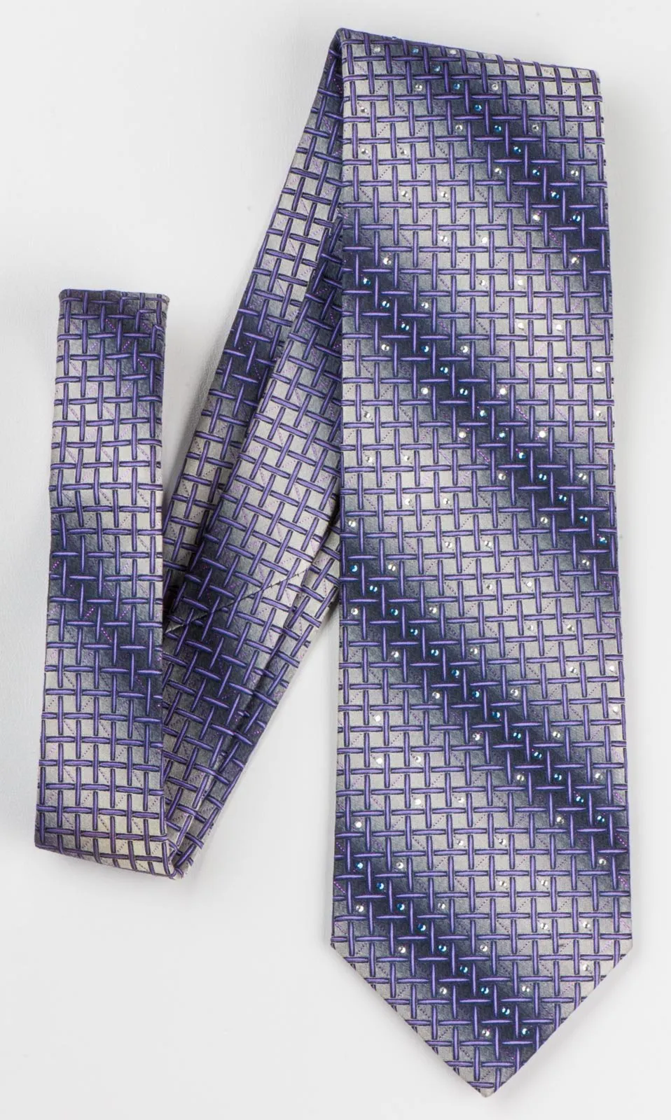 Daks Men's Silk Rhinestone Tie Purple Wire Mesh Trellis On Gray Necktie