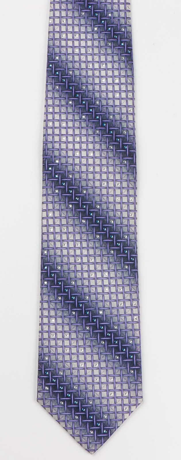 Daks Men's Silk Rhinestone Tie Purple Wire Mesh Trellis On Gray Necktie