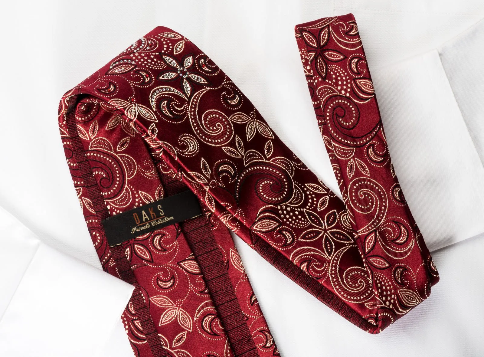 Daks Silk Rhinestone Necktie Gold Floral On Burgundy With Golden Sparkles