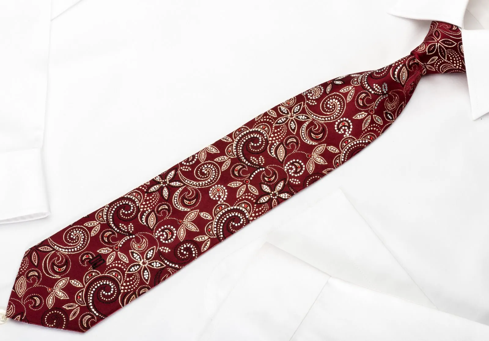 Daks Silk Rhinestone Necktie Gold Floral On Burgundy With Golden Sparkles