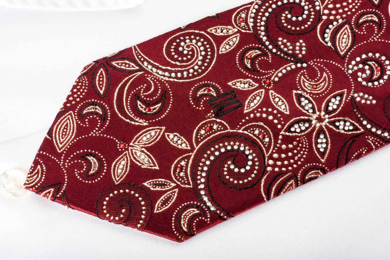 Daks Silk Rhinestone Necktie Gold Floral On Burgundy With Golden Sparkles