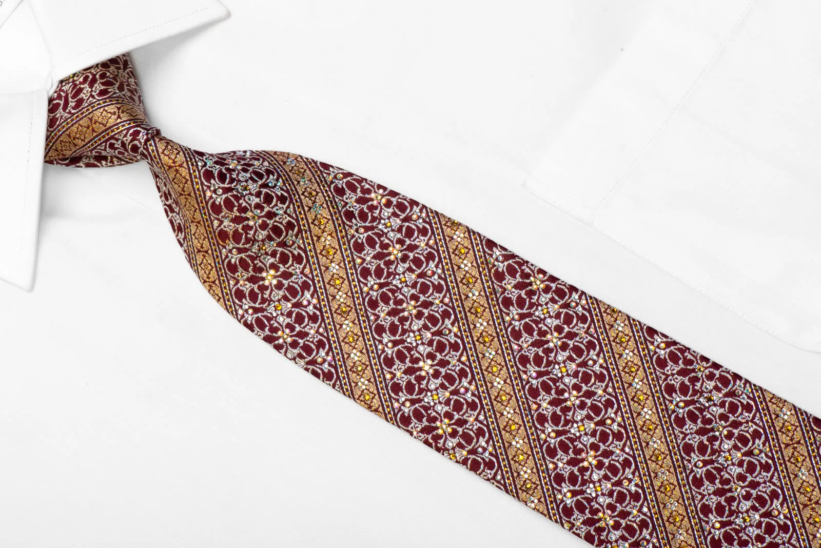 Daks Silk Tie Gold Stipes & Silver Cartouche On Burgundy With Sparkles