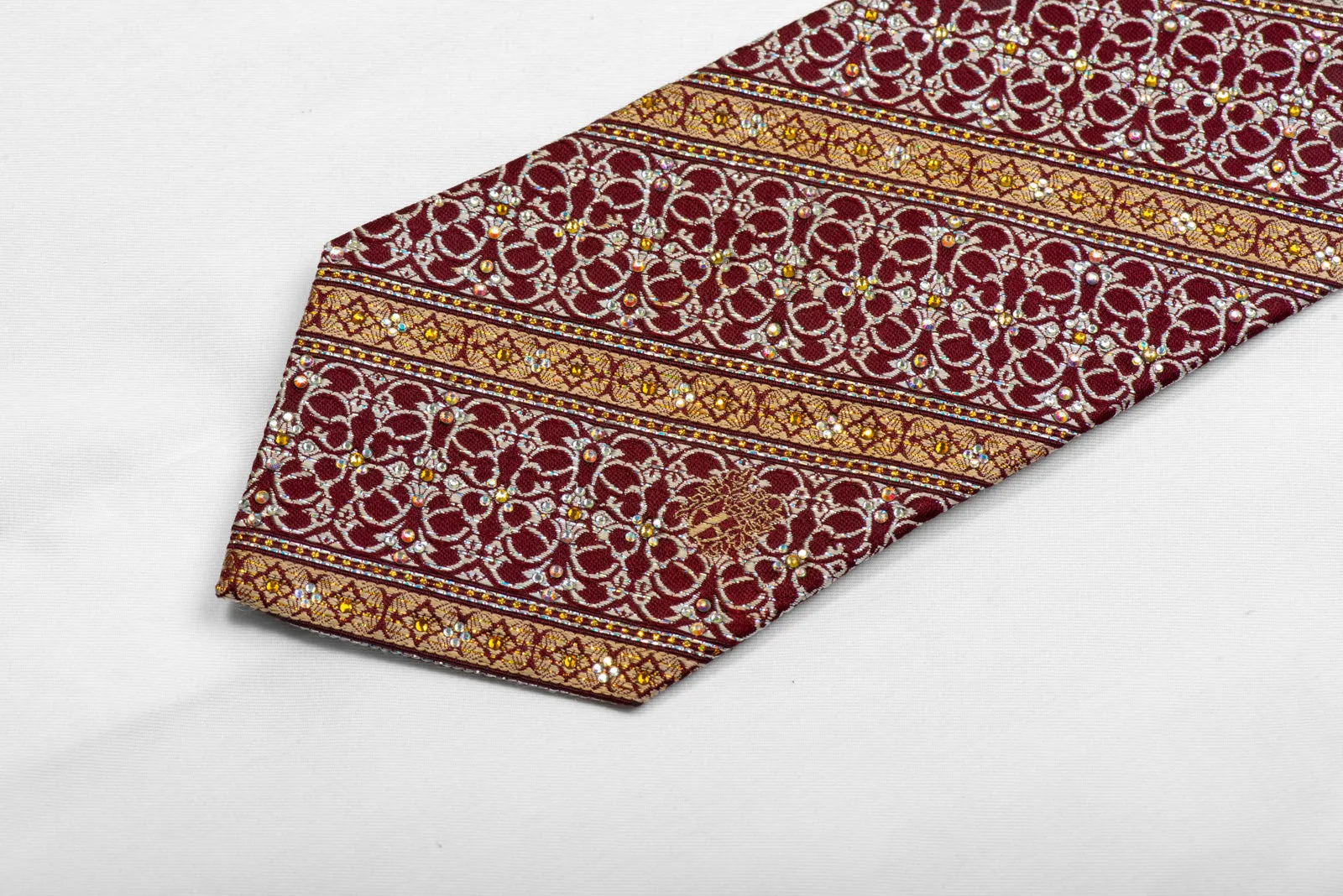 Daks Silk Tie Gold Stipes & Silver Cartouche On Burgundy With Sparkles