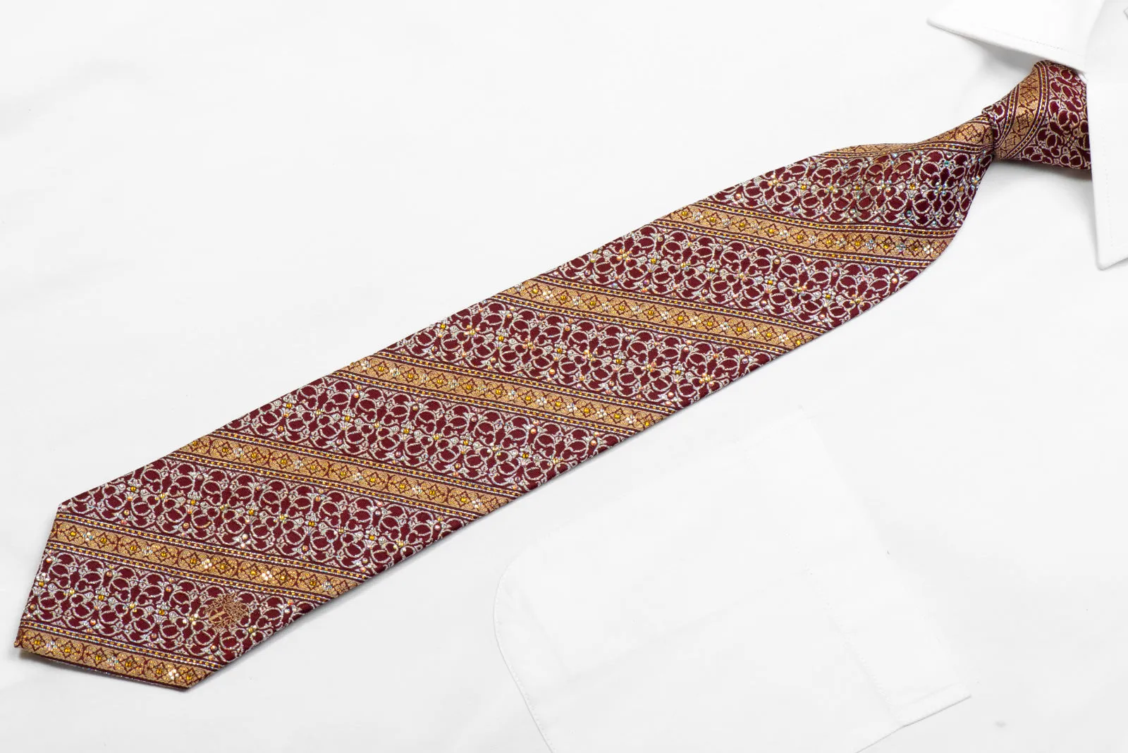 Daks Silk Tie Gold Stipes & Silver Cartouche On Burgundy With Sparkles