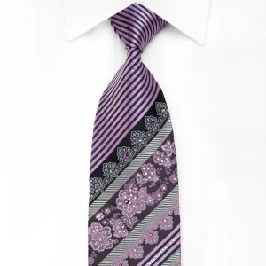 Daniel Hechter Men's Crystal Silk Necktie Purple Striped & Floral On Black With Silver Sparkles