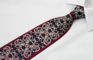 Daniel Hechter Silk Crystal Rhinestone Necktie Damask Design On Dark Navy Blue