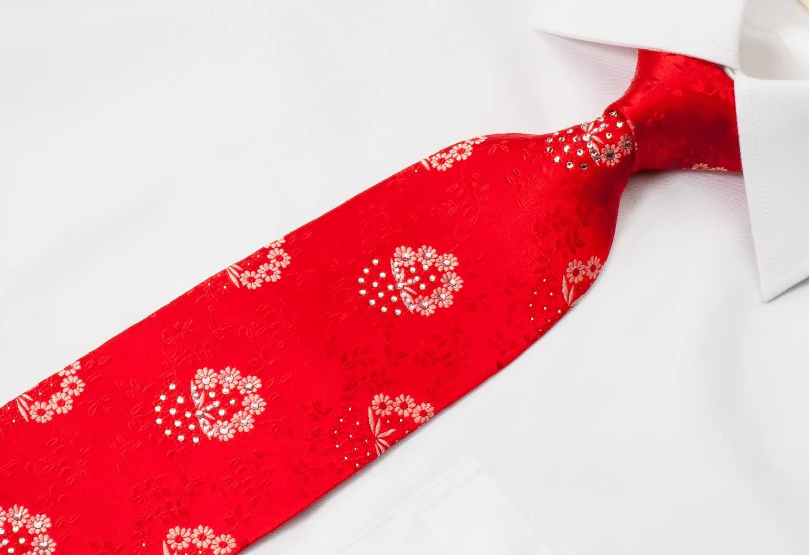 Elegance Men's Red Rhinestone Silk Neck Tie Floral Design On Red With Silver Sparkles