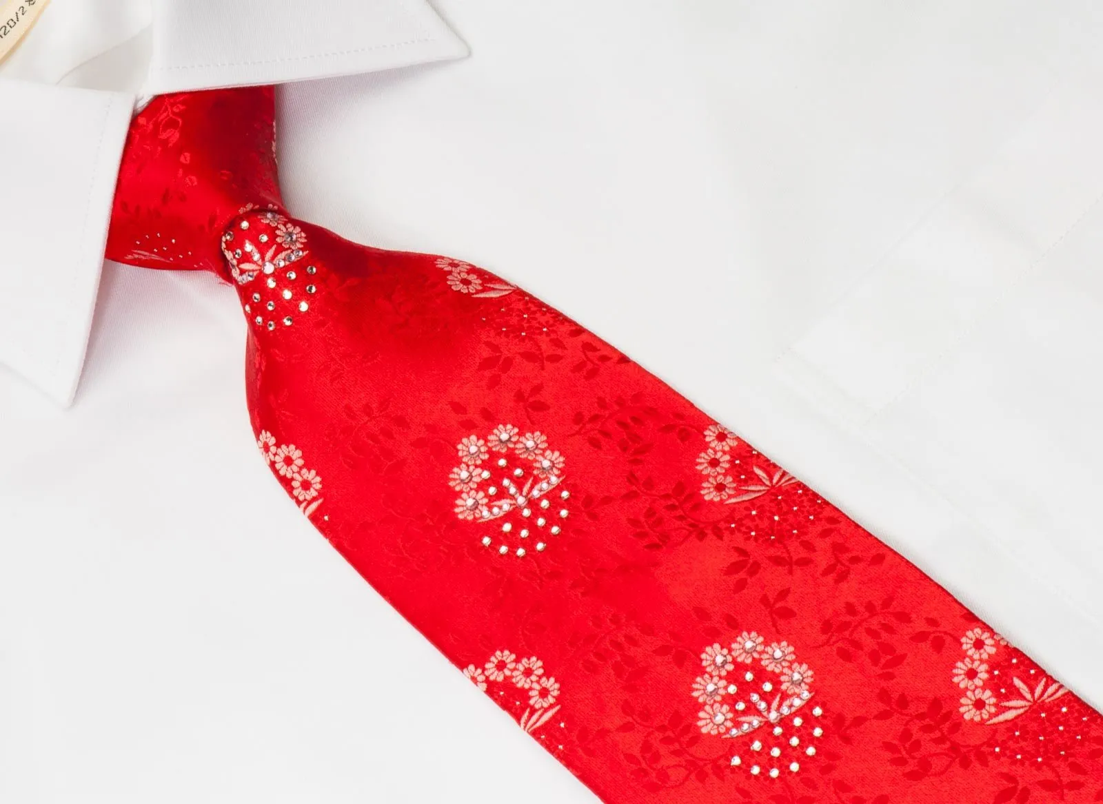 Elegance Men's Red Rhinestone Silk Neck Tie Floral Design On Red With Silver Sparkles