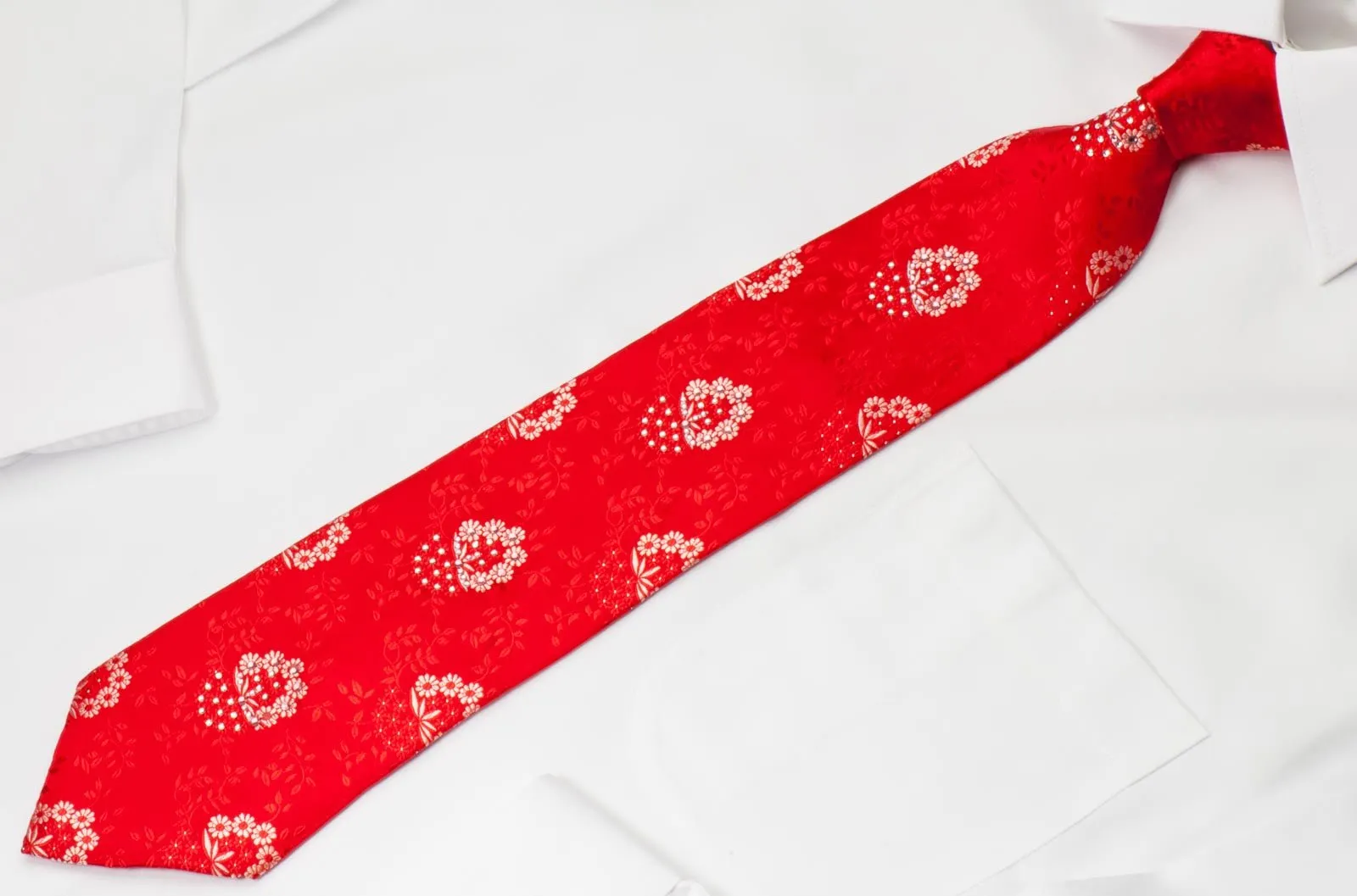 Elegance Men's Red Rhinestone Silk Neck Tie Floral Design On Red With Silver Sparkles